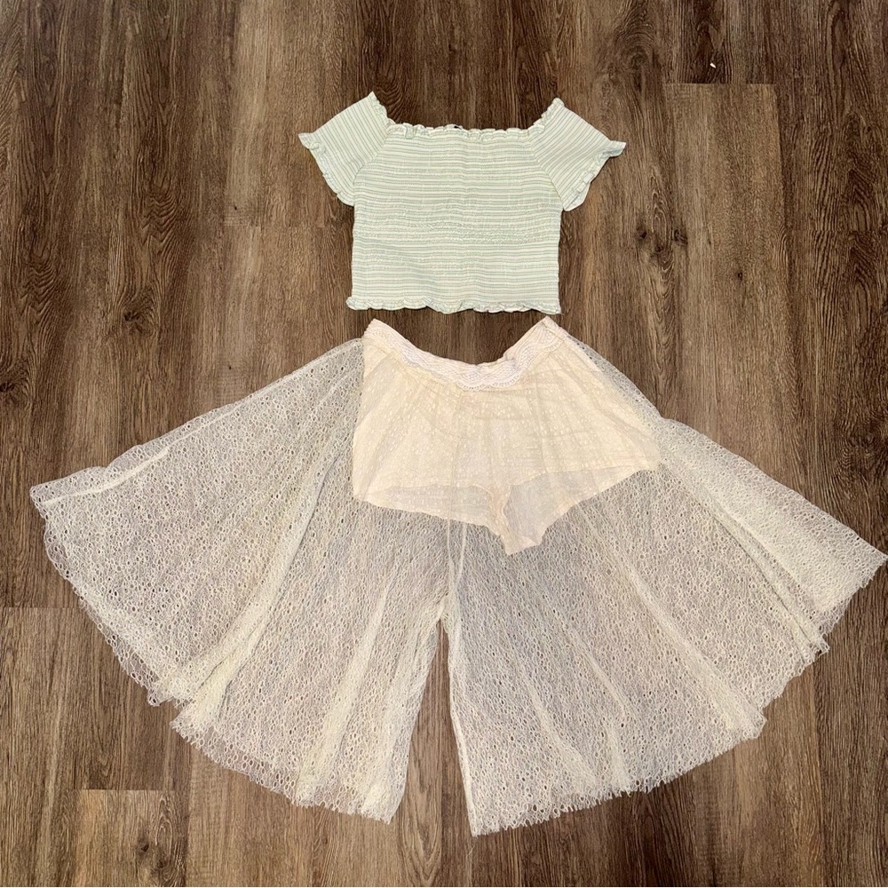 Zara Smock Off the Shoulder White Green Cream Striped Crop Top Size Med - Picture 9 of 9